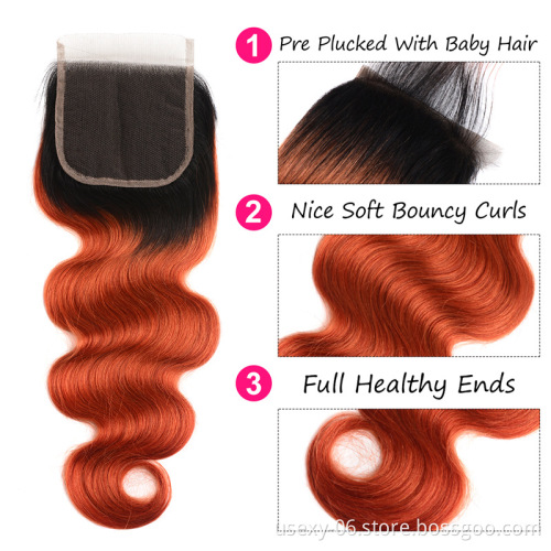 Ombre Weave Bundles With Closure Pre-Colored 1B 350 Burnt Orange Body Wave Virgin Raw Indian Human Hair Bundles